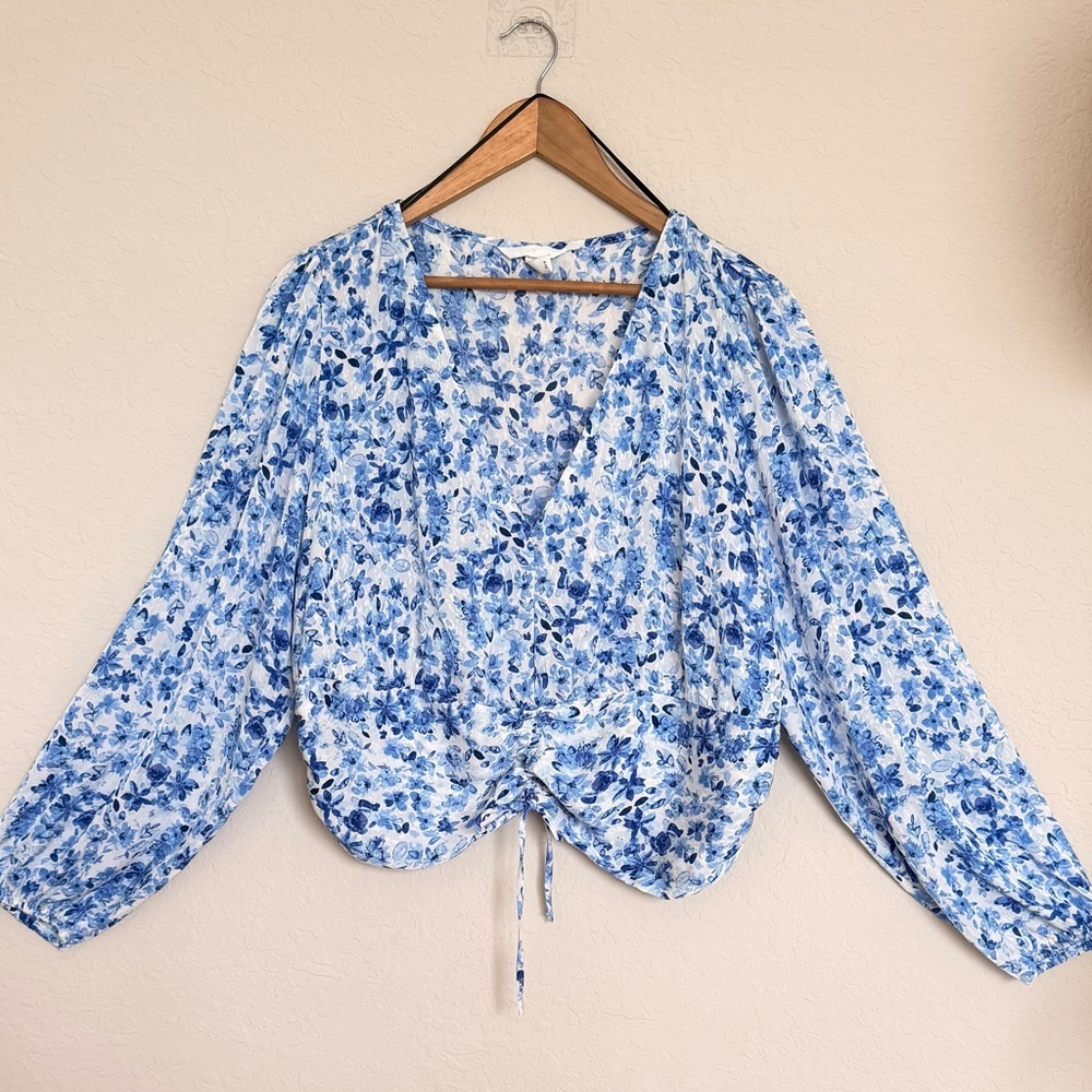 Blue Floral Wrap Blouse – Feminine & Flattering
